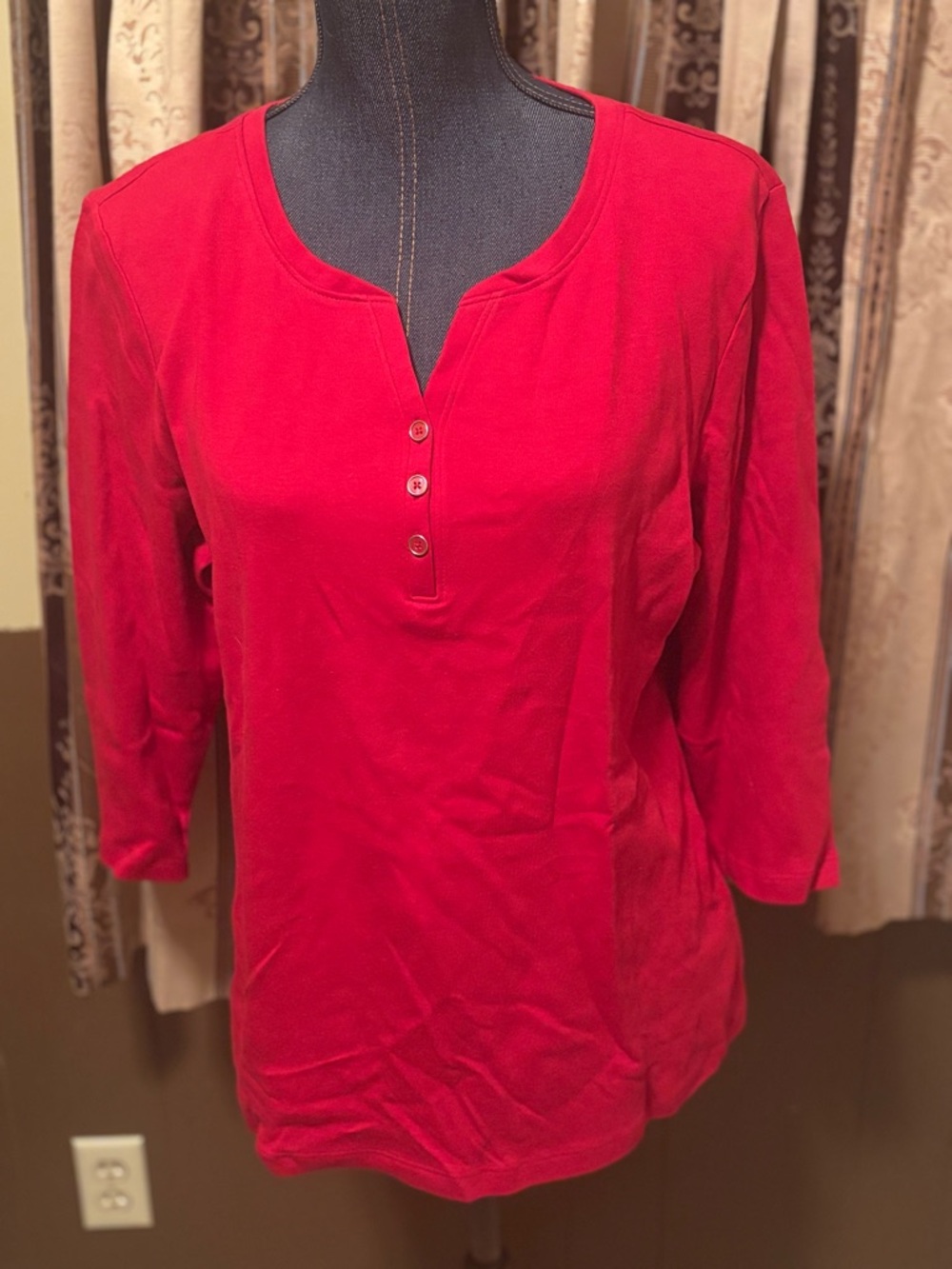 Karen Scott Red Three-Button Henley 3/4 Sleeve Top